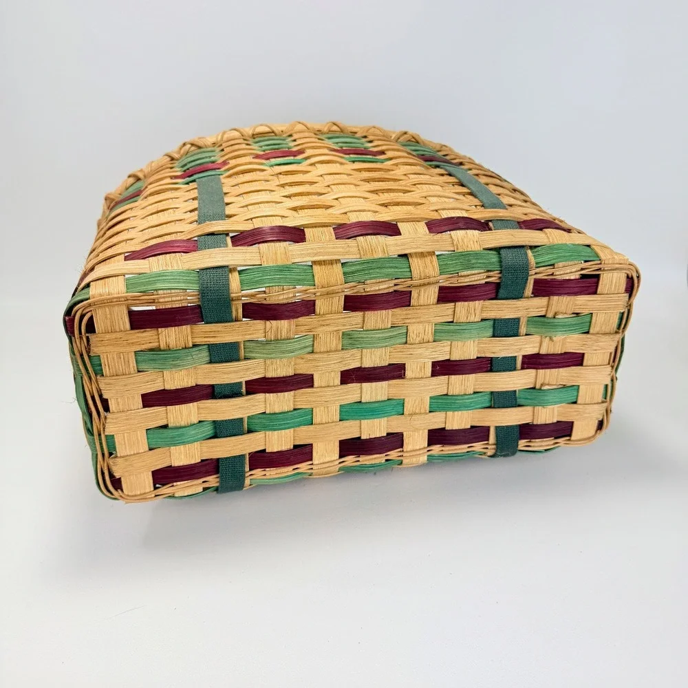 Vintage Woven Wicker Basket with Cloth Handles Tan Green Burgundy